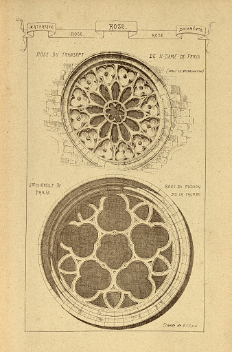 Vintage illustration Architectural Rose window, History of architecture, decoration and design, art, French, Victorian, 19th Century. Rose window is often used as a generic term applied to a circular window, but is especially used for those found in Gothic cathedrals and churches. The windows are divided into segments by stone mullions and tracery.