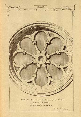 Vintage illustration Architectural Rose window, with cross, History of architecture, decoration and design, art, French, Victorian, 19th Century. Rose window is often used as a generic term applied to a circular window, but is especially used for those found in Gothic cathedrals and churches. The windows are divided into segments by stone mullions and tracery.