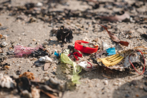 Close up shots of abandoned microplastic at the beach