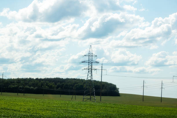 istock Pole with electric wires on sky background 1906578786