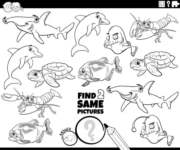 Vector illustration of find two same cartoon sea life animals activity coloring page