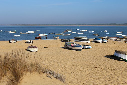 Sanlucar de Barrameda, Cadiz, Spain- October 21, 2023: Fishing boats on Las Piletas beach in Sanlucar de Barrameda town on a sunny day