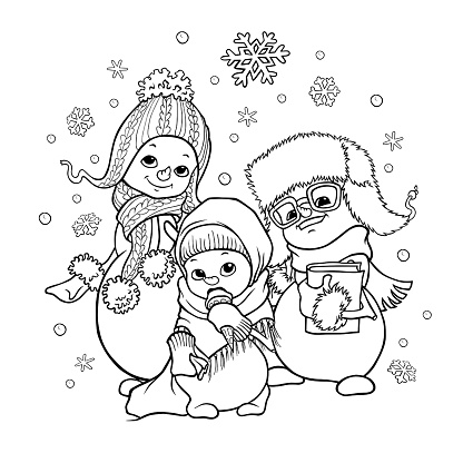 Hand drawn coloring page with two cute cartoon snowmen characters in warm winter clothes surrounded by snowflakes.