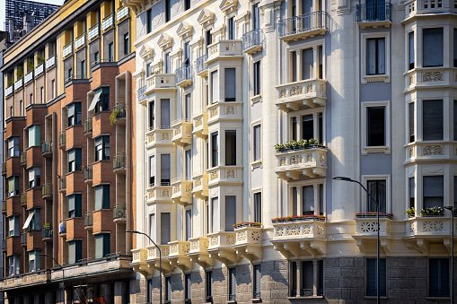 Facade in a apartment buildings in Milan, Italy