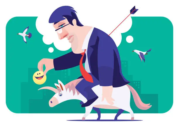 Vector illustration of injured businessman riding on sad unicorn and holding smiley icon