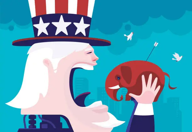 Vector illustration of robot Uncle Sam going to eat red elephant