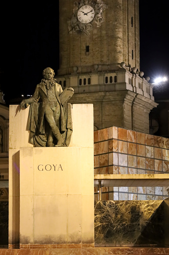 Saragossa, Spain- August 14, 2023: Monument to Francisco de Goya painter in the center of Saragossa