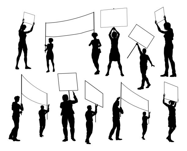 illustrazioni stock, clip art, cartoni animati e icone di tendenza di i manifestanti della silhouette marciano il picchetto del raduno di sciopero - picket line strike picket protestor