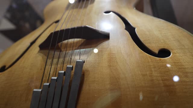 Retro Jazz Guitar Behind Glass Close-Up