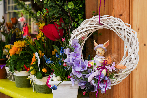 Easter wreath with bunny in the flower shop