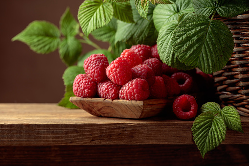 Ripe juicy raspberries with leaves. Berries in a wooden dish on an old wooden table.