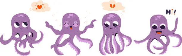 Vector illustration of Cute octopus expressing their emotions. Cartoon character. Flat vector illustration isolated on white background