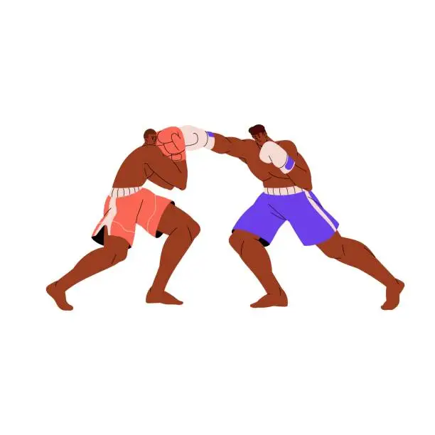 Vector illustration of Box competition. Professional boxer in boxing gloves punch sport competitor. Strong sportsmen fight, fighter sparring. Martial art training. Flat isolated vector illustration on white background