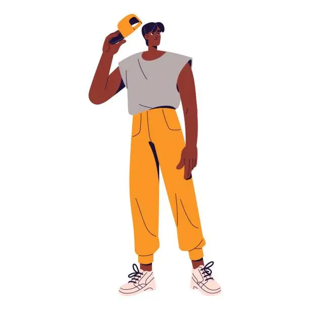 Vector illustration of Stylish young man in sporty pants takes off baseball cap, greeting. Happy guy in summer outfit standing. Black person wearing fashion sneakers. Flat isolated vector illustration on white background