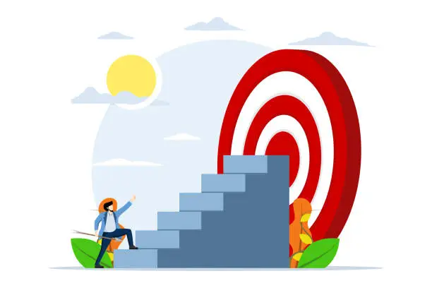 Vector illustration of the concept of a highly targeted strategy to achieve goals or career success journey in business. imagine a businessman holding a large arrow to climb the ladder to the target. Aim for the mission, plan.