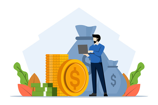 Financial management concept. Businessman character holding laptop and saving money and analyzing financial reports. People who manage personal finances. savings. flat vector illustration.