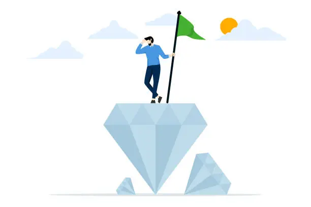 Vector illustration of concept of quality, value or excellence. businessman holding a victory flag on a valuable high value diamond. Value proposition, marketing that benefits customers to buy products and services.