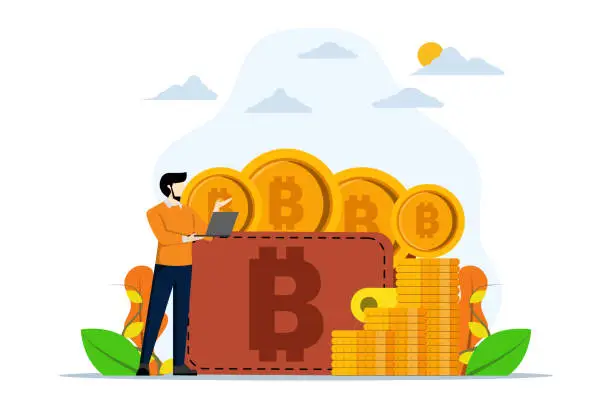 Vector illustration of crypto wallet concept. Digital Wallet Technology for cryptocurrency. bitcoin cryptocurrency wallet. Earn money to your e-wallet. Flat vector illustration on white background.