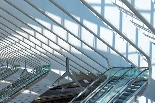 Abstract view of the interior of the modern architecture railway station in Liege-Guillemins.