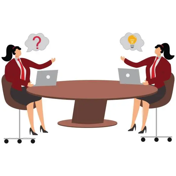 Vector illustration of Brainstorming, Two Businesswoman, Business Meeting, Desk, Discussion, Exchanging,