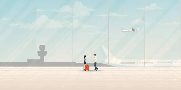 Vector illustration of Couple of lover meeting at the airport have plane and blue sky background through windows vector illustration. Journey of sweetheart concept flat design have blank space.