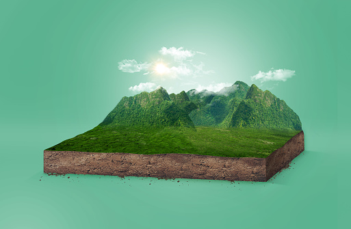 3d illustration of green mountains or piece of land isolated. isometric green land