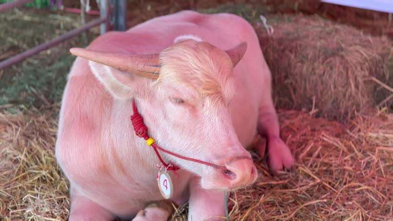 White buffalo sleeping in a pen