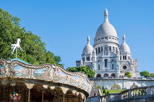 View of the merry go round on the grounds of the Sacre Coeur in Montmartre.