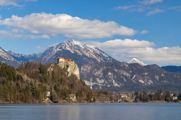 Bled Castle and Julian Alps in winter