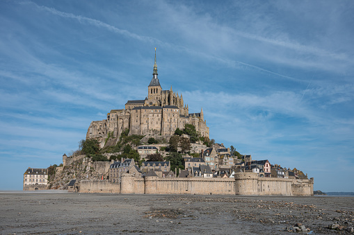 Detail of the beautiful town of Mont Saint-Michel at low tide, it is empty, there is no one
