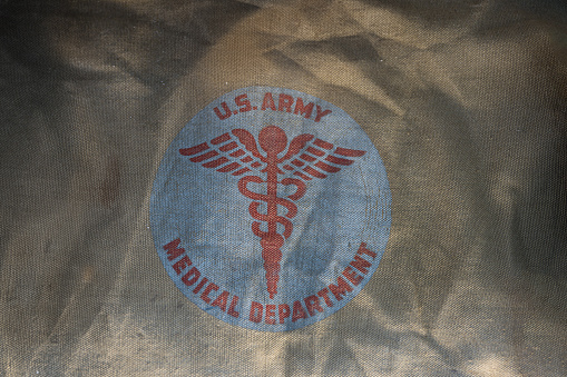 Saint Mere Eglise, France – October 14, 2023: Emblem medical department of the American army in World War II