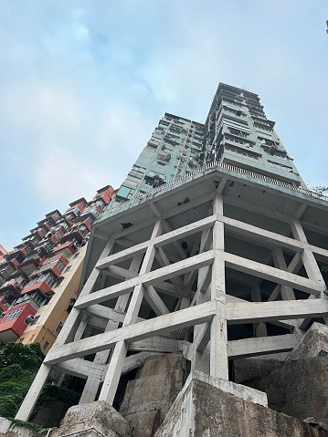 A low-angle shot of a tall, multi-level apartment building