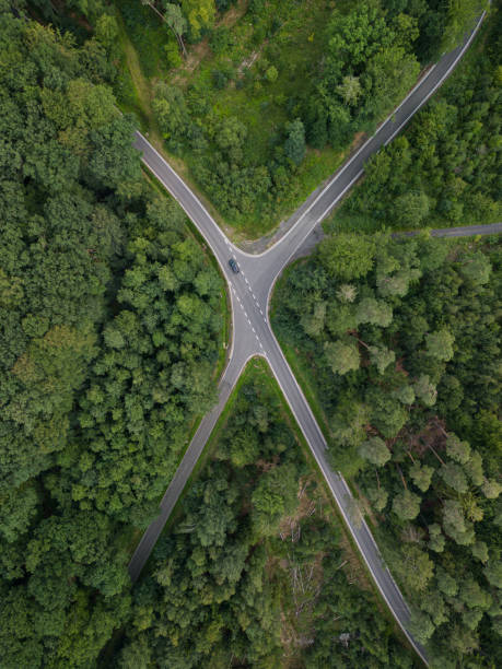 istock Top down view of a X shaped crossroad between the green forest 1906769090