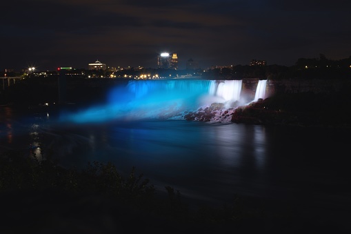 A scenic view of Niagara Falls at night. Ontario, Canada