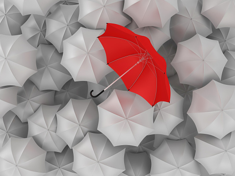 Gray Umbrellas Pattern Background One Red Different - 3D Rendering