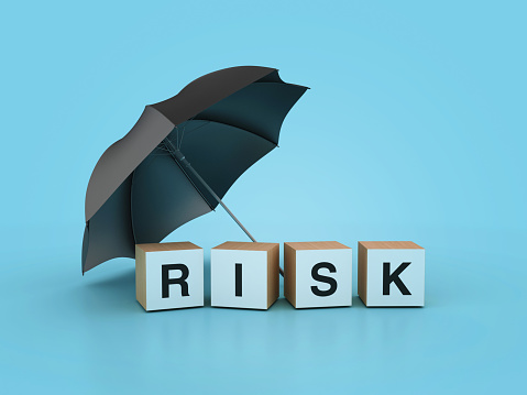 Umbrella with Risk Buzzword Blocks - Color Background - 3D Rendering