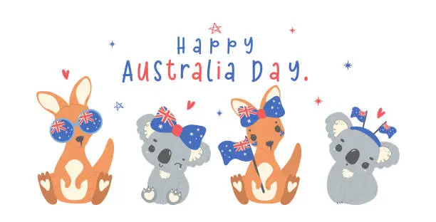 Vector illustration of Australia Day banner, Group of animal baby kangaroos and koalas cartoon animal with balloons and fla