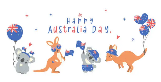 Vector illustration of Australia Day banner, Group of animal baby kangaroos and koalas cartoon animal with balloons and fla