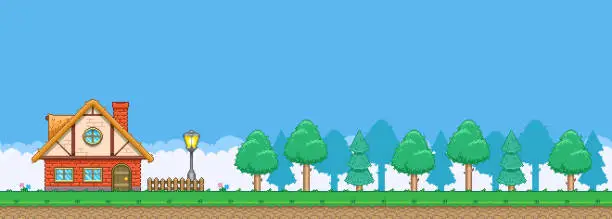 Vector illustration of colorful simple vector pixel art horizontal illustration of cartoon cute little house on the edge of the woods in retro game platformer level