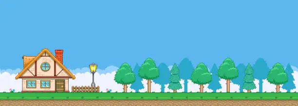 Vector illustration of colorful simple vector pixel art horizontal illustration of cartoon cute little house on the edge of the woods in video game platformer level