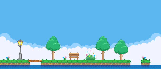 8bit colorful simple vector pixel art horizontal illustration of the cartoon bench on the island between deciduous trees in retro video game platformer level