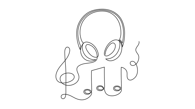 Headphone with treble clef and notes one line art animation,hand drawn device gadget continuous contour motion.Listening music wireless online concept,audition songs technology.4k self-drawing movie