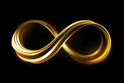 Artistically drawn infinity symbol twisted from layers of sparkling gold on black background. Gold infinity.