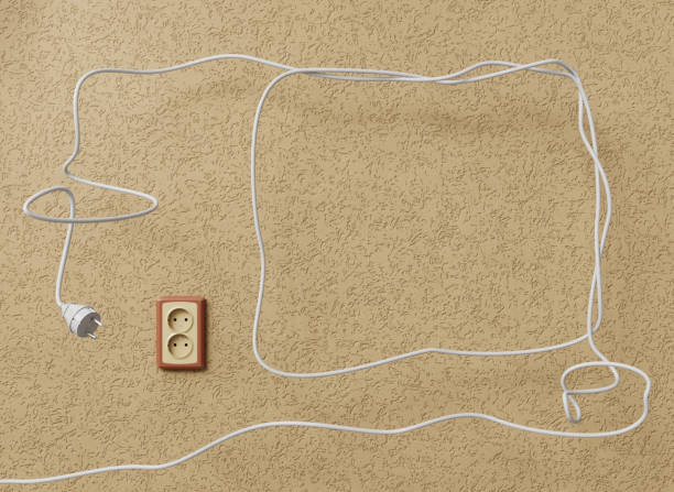 3d outlets with plug, energy power consumption concept.plastic double socket and wire, european safe jack and cable. realistic elements on a beige wall background. 3d rendering illustration - electric plug blackout cable network connection plug 뉴스 사진 이미지