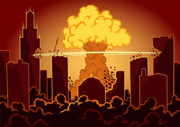 Vector illustration of Big explosion in the city. War and damages after big explosion in the city. Urban landscape with burn sky after atomic bomb
