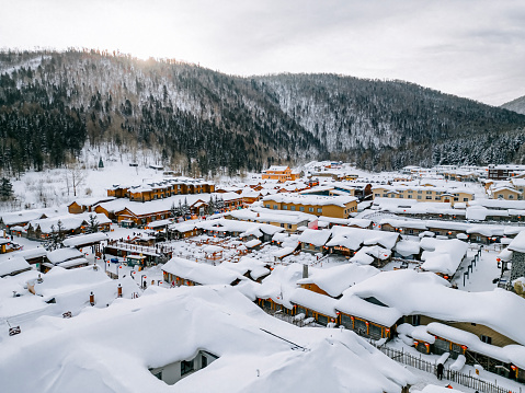 Aerial view Winter Season Snow Town Xuexiang overcast weather deep snow