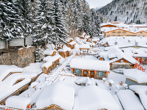 Aerial view Winter Season Snow Town Xuexiang with chinese lantern overcast weather deep snow