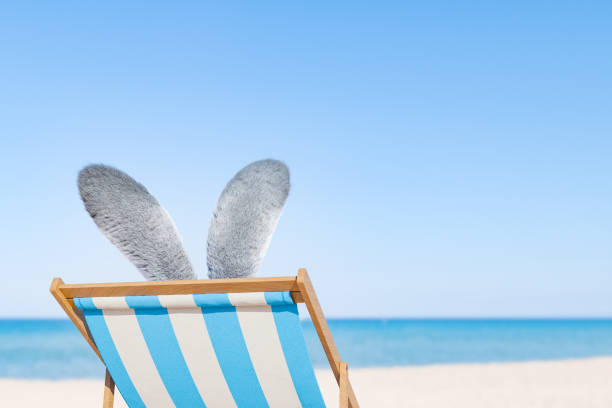 Easter Bunny Ears Relaxing on a Beach Chair by the Sea