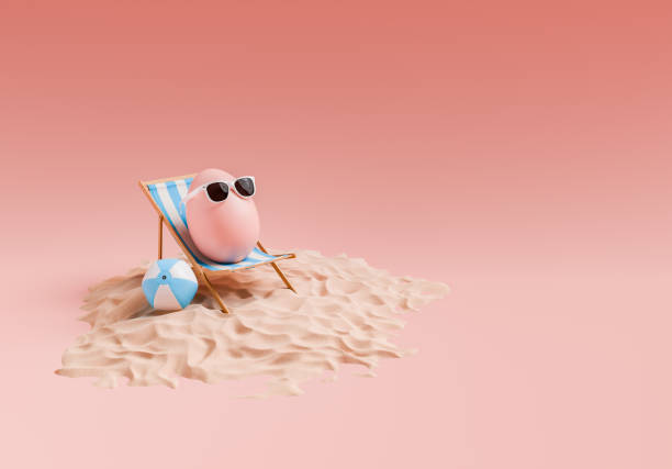 3d rendering of a stylized Easter egg with sunglasses, resting on a beach chair next to a beach ball in a pile of beach sand on a coral pink background. Easter holidays concept.