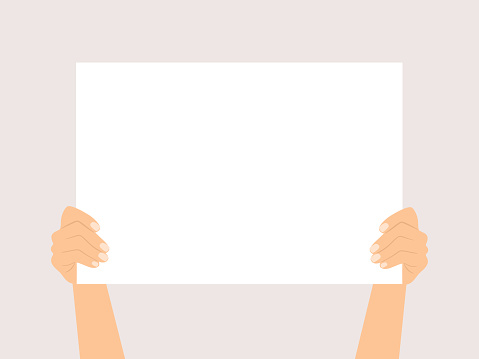 Hands Holding Blank Paper Or Placard. Template For Announce And Advertising